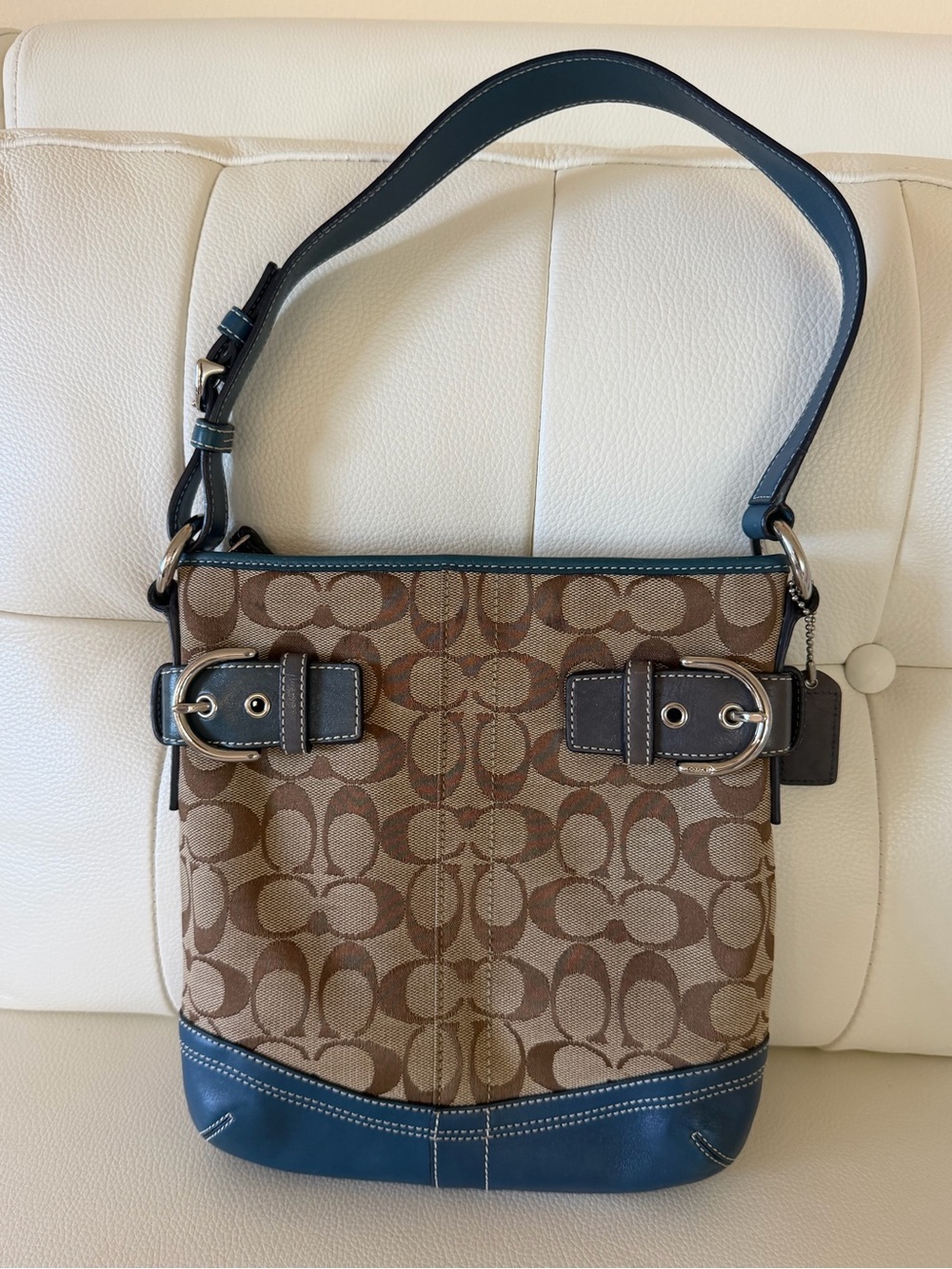 Coach SoHo slim Brown Signature Canvas Shoulder Bag with Blue Leather Trim